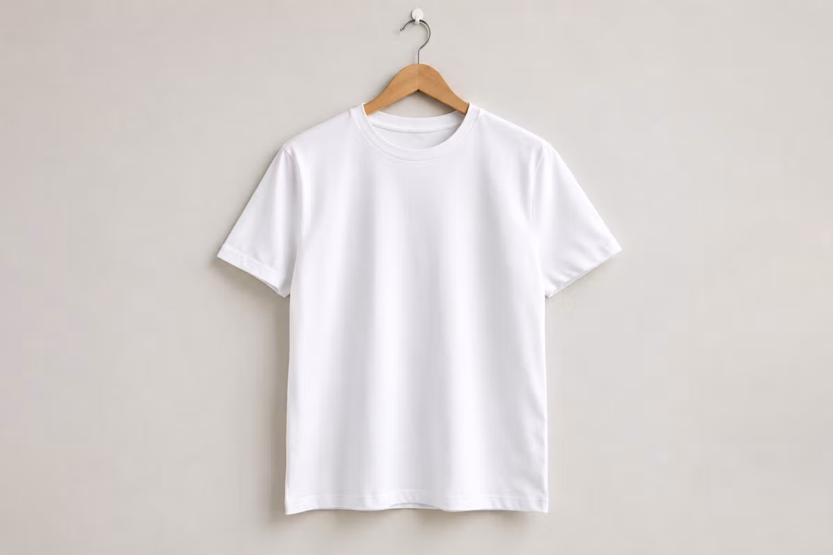 Remera blanca lisa en una percha de madera, usada como mockup conceptual